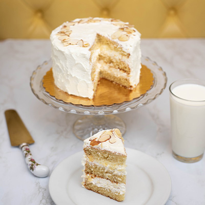 Almond Kiss Cake slice out on plate_